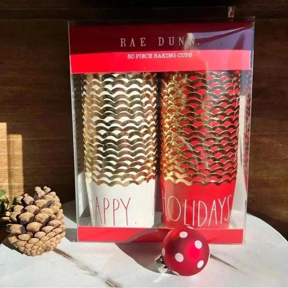 NEW 50pc Rae Dunn Beautiful Baking Cup SET - 25  HAPPY Cups & 25 HOLIDAYS Cups